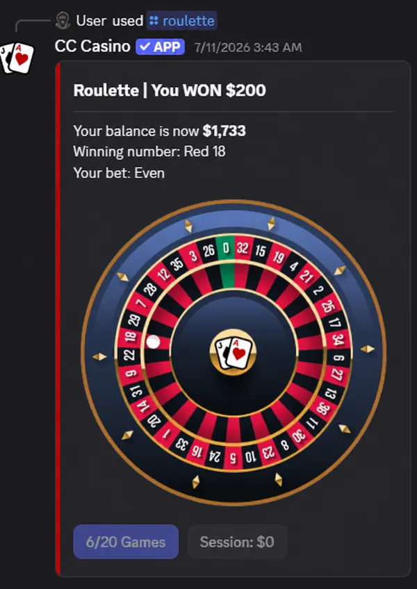 CC Casino roulette game demo showing a winning result
